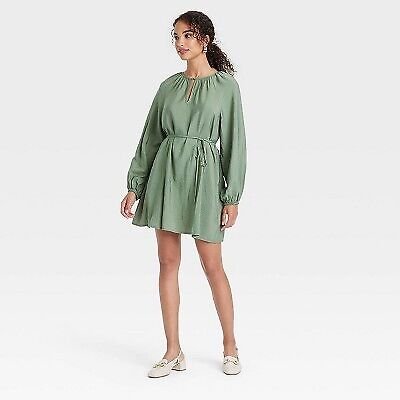 Women's Balloon Long Sleeve Belted Mini Dress - New Day Olive S